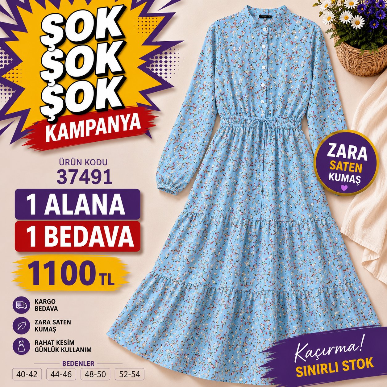 	1 ALANA 1 BEDAVA 1100 TL KARGO BEDAVA ÇİÇEK DESENLİ ZARA SATEN KUMAŞ ELBİSE   MAVİ 