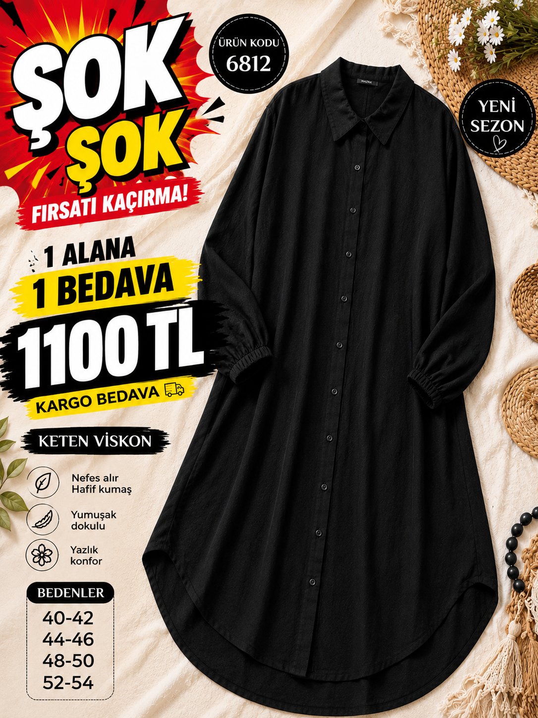 1 ALANA 1 BEDAVA 1100 TL KARGO BEDAVA KETEN VİSKON KUMAŞ BOYDAN DÜĞMELİ TUNİK  SİYAH