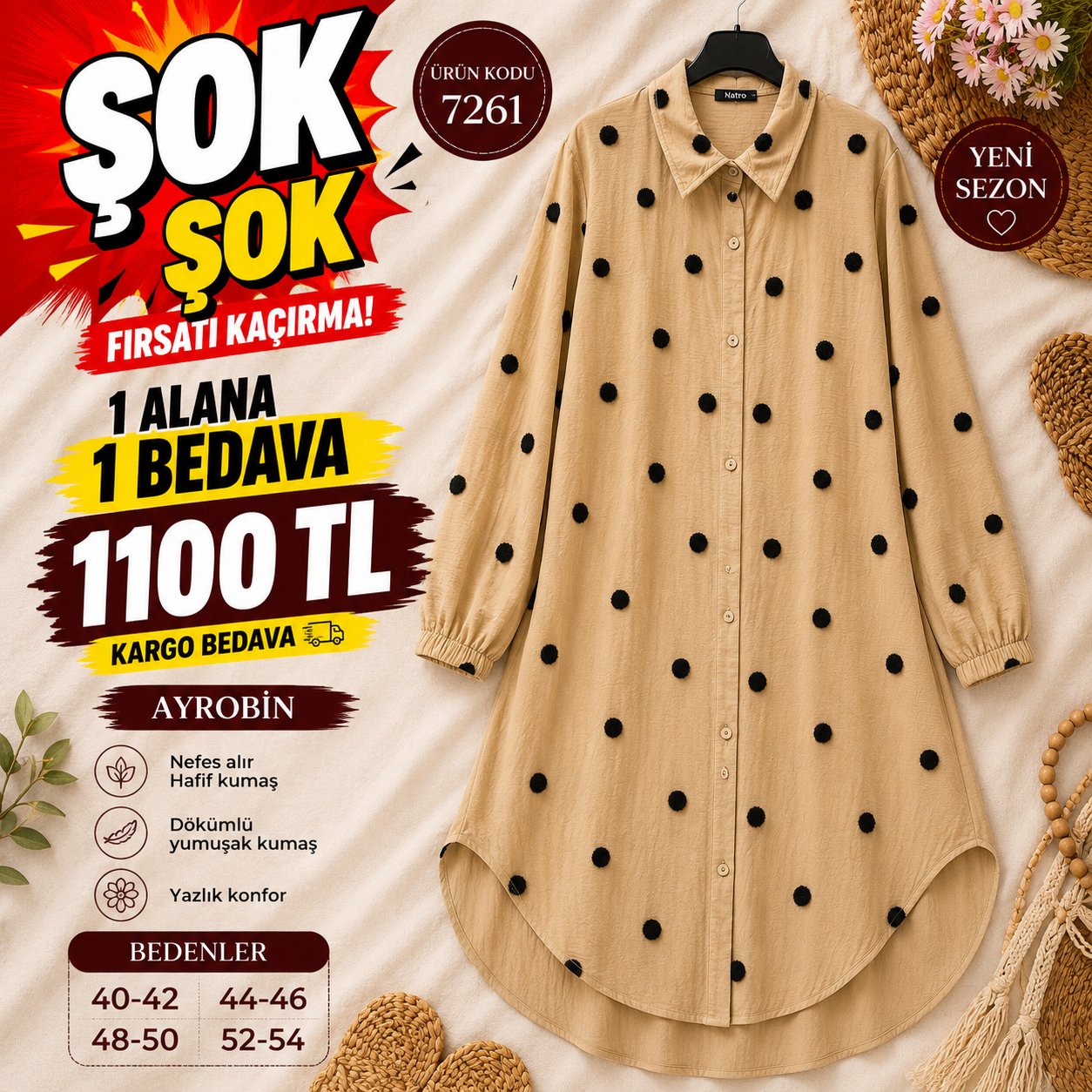 1 ALANA 1 BEDAVA 1100 TL KARGO BEDAVA AYROBİN KUMAŞ GÖMLEK TUNİK SÜTLÜ KAHVE 