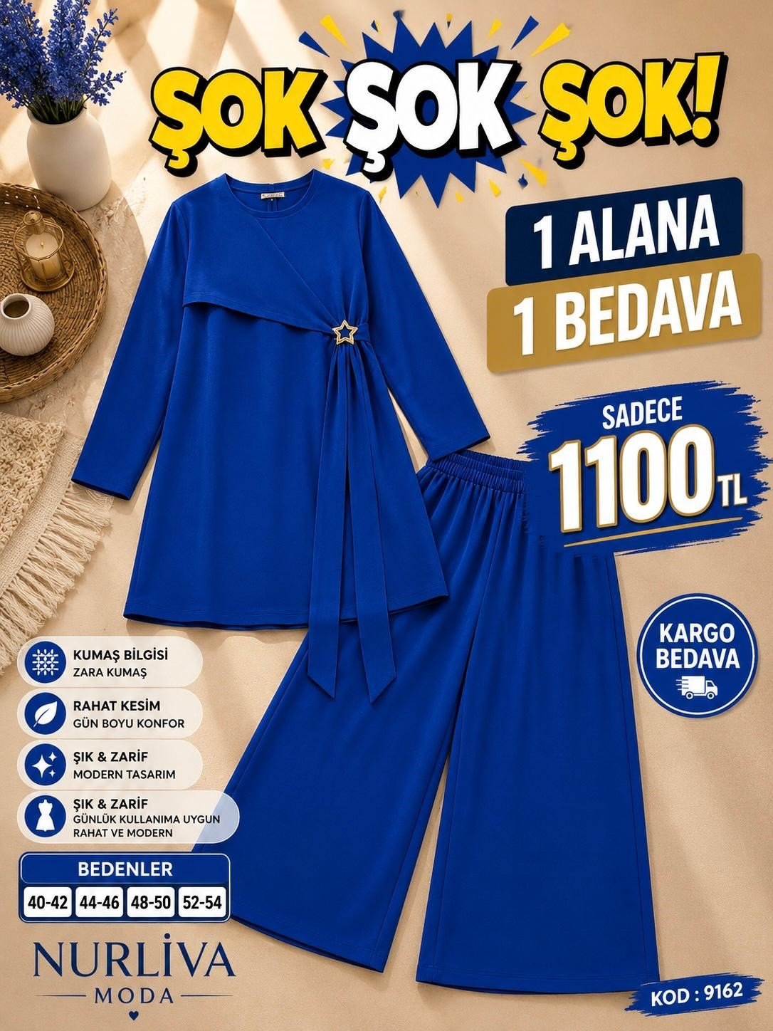 1 ALANA 1 BEDAVA  1100 TL KARGO BEDAVA DABIL KUMAŞ YANDAN BAĞLAMA DETAYLI PANTOLONLU TAKIM SAKS MAVİSİ 