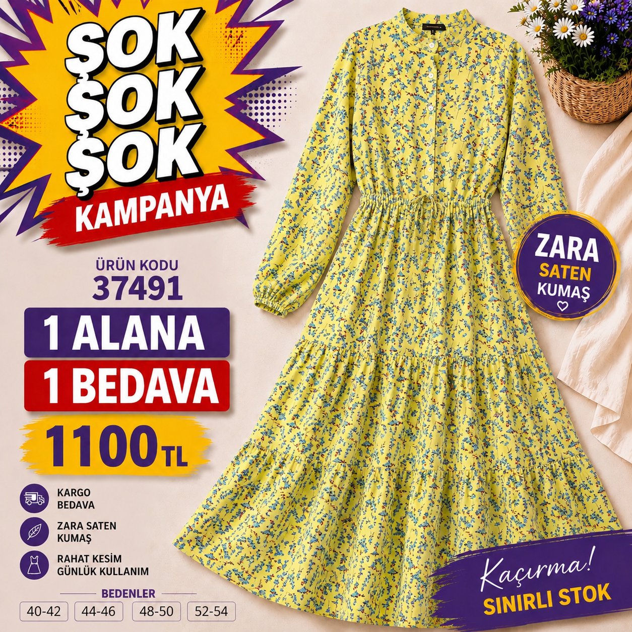 	1 ALANA 1 BEDAVA 1100 TL KARGO BEDAVA ÇİÇEK DESENLİ ZARA SATEN KUMAŞ  ELBİSE  SARI 