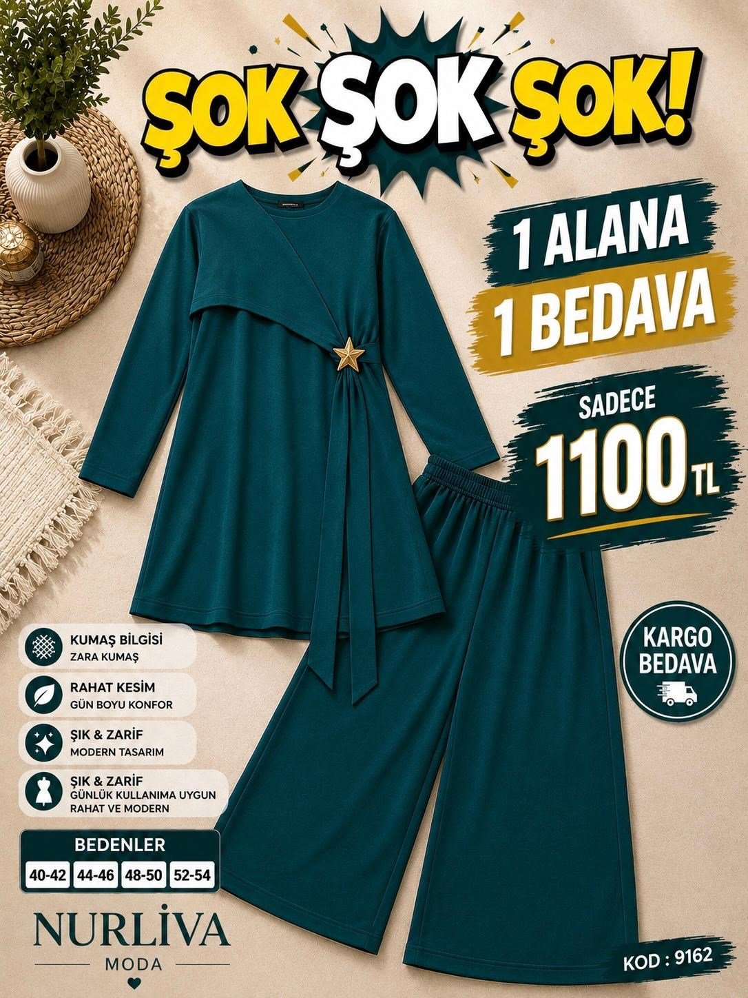 1 ALANA 1 BEDAVA  1100 TL KARGO BEDAVA DABIL KUMAŞ YANDAN BAĞLAMA DETAYLI PANTOLONLU TAKIM ZÜMRÜT YEŞİLİ 