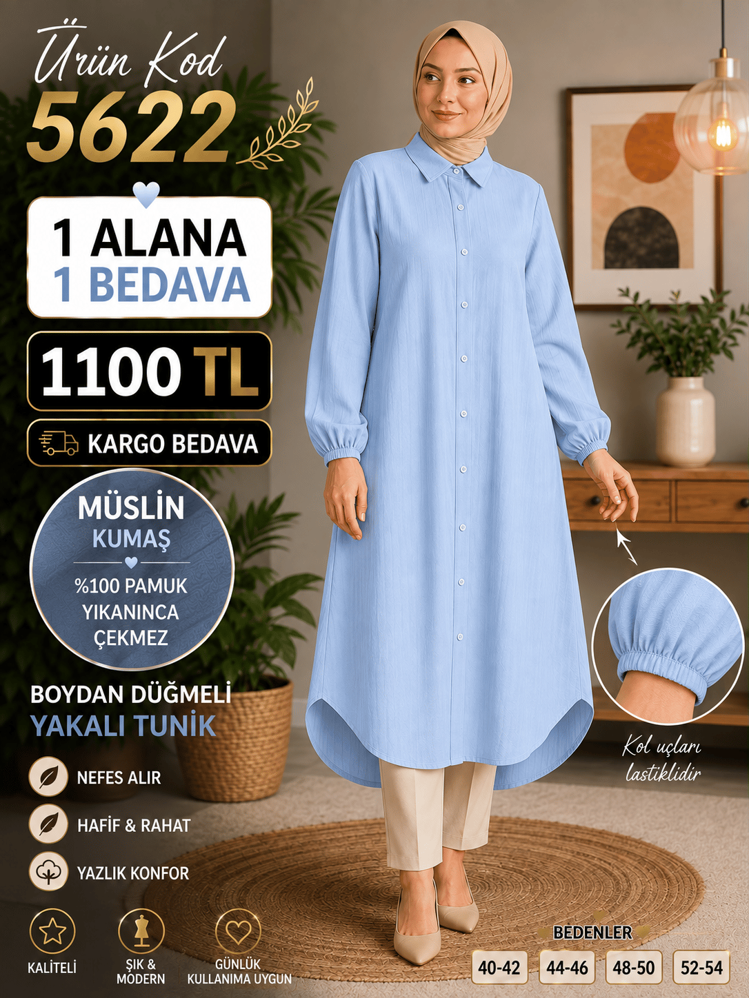 1 ALANA 1 BEDAVA 1100 TL KARGO BEDAVA MÜSLİM KUMAŞ BOYDAN DÜĞMELİ TUNİK BEBE MAVİ 