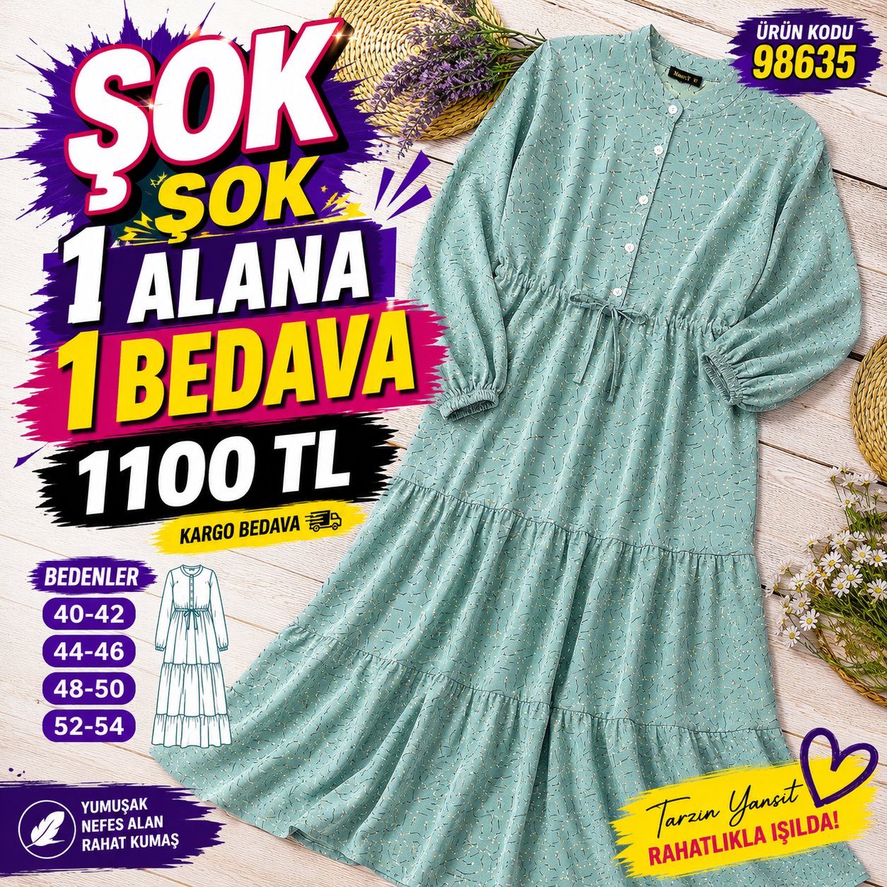 1 ALANA 1 BEDAVA 1100 TL KARGO BEDAVA  ÇİÇEK DENENLİ BELDEN BAĞLAMALI YARIYA KADAR DÜĞMELİ ZARA SATEN KUMAŞ  ELBİSE  YEŞİL 