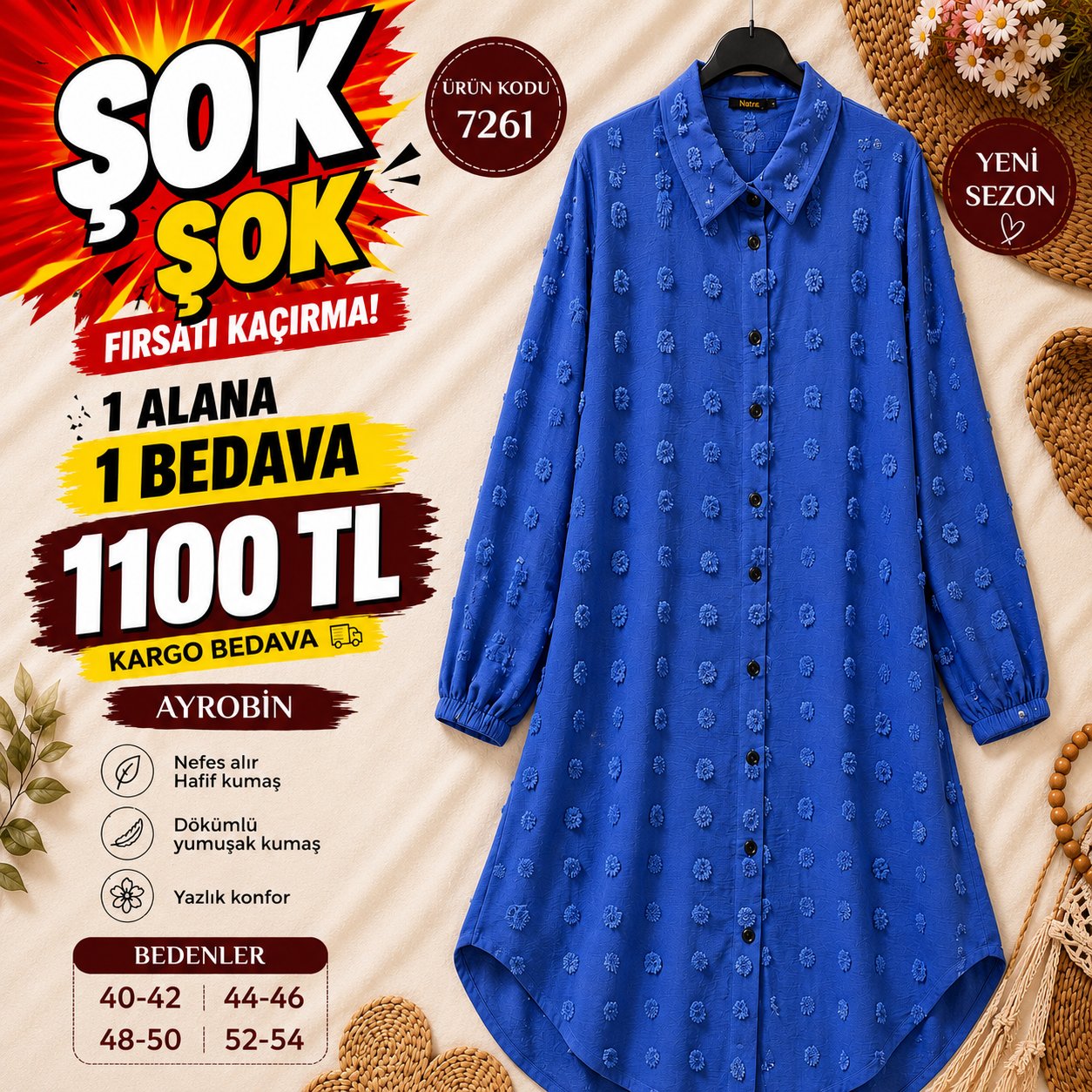 1 ALANA 1 BEDAVA 1100 TL KARGO BEDAVA AYROBİN KUMAŞ GÖMLEK TUNİK MAVİ 