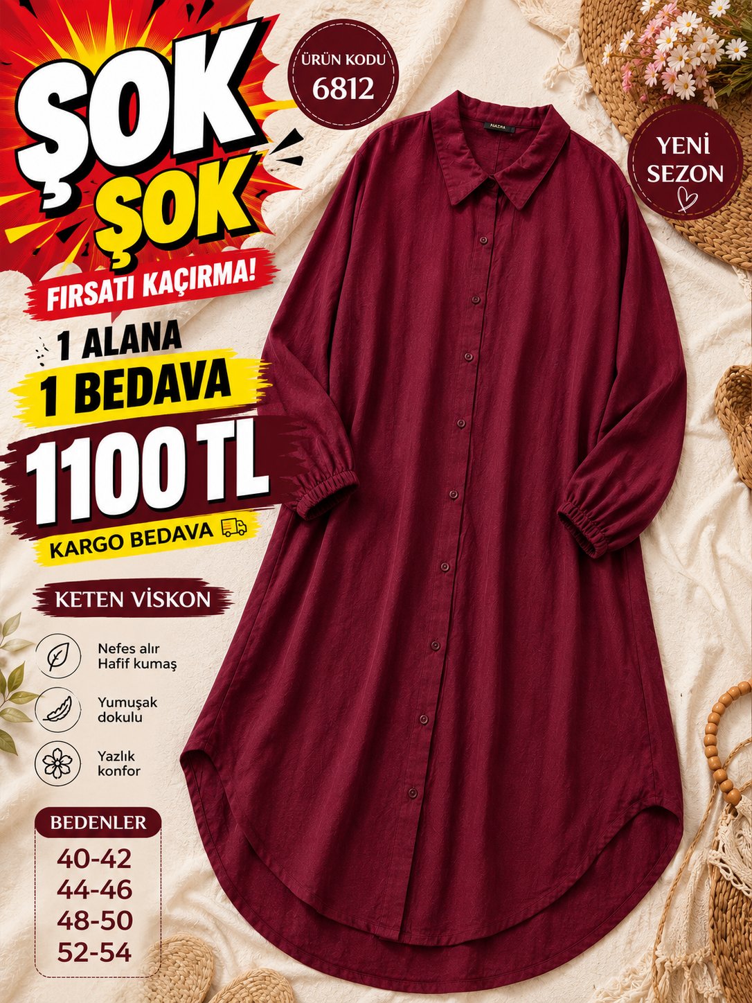 1 ALANA 1 BEDAVA 1100 TL KARGO BEDAVA KETEN VİSKON KUMAŞ BOYDAN DÜĞMELİ TUNİK BORDO 