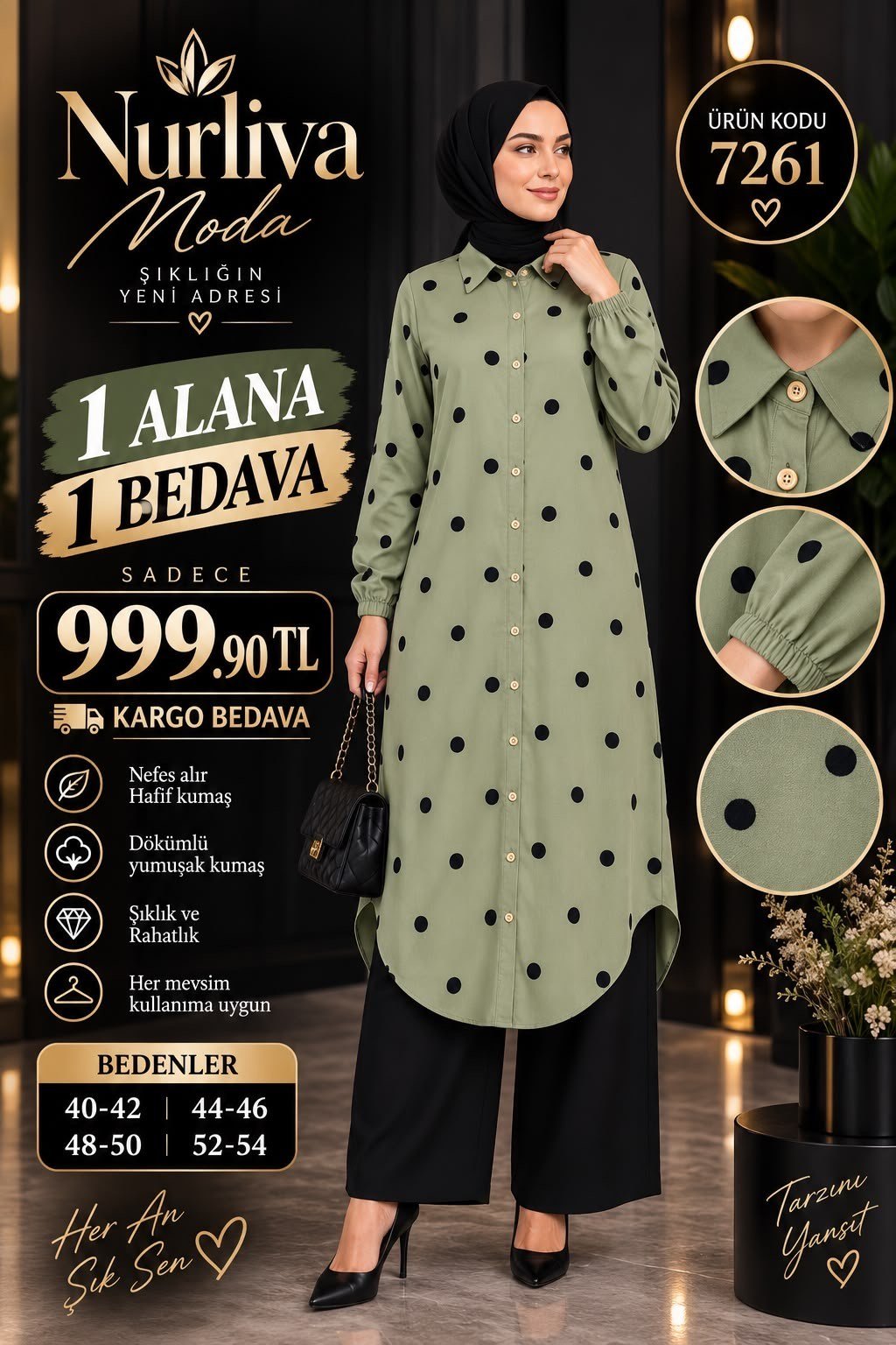 1 ALANA 1 BEDAVA 1100 TL KARGO BEDAVA AYROBİN KUMAŞ GÖMLEK TUNİK YEŞİL 