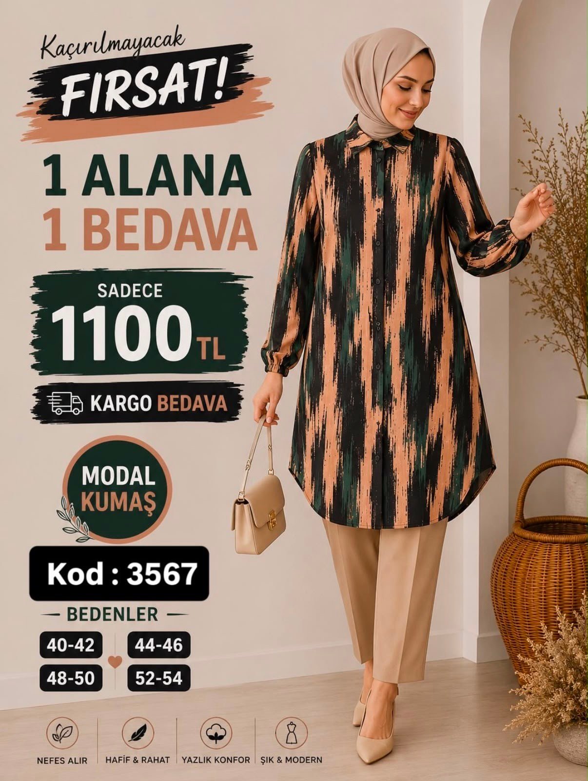 1 ALANA  1 BEDAVA 1100 TL KARGO BEDAVA MODAL KUMAŞ BOYDAN DÜĞMELİ TUNİK YEŞİL 
