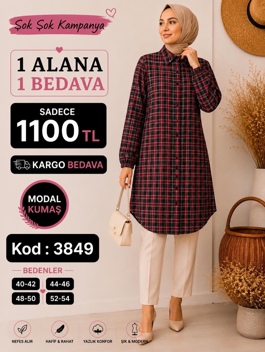 1 ALANA  1 BEDAVA 1100 TL KARGO BEDAVA EKOSE DESEN MODAL KUMAŞ BOYDSAN DÜĞMELİ TUNİK BORDO 