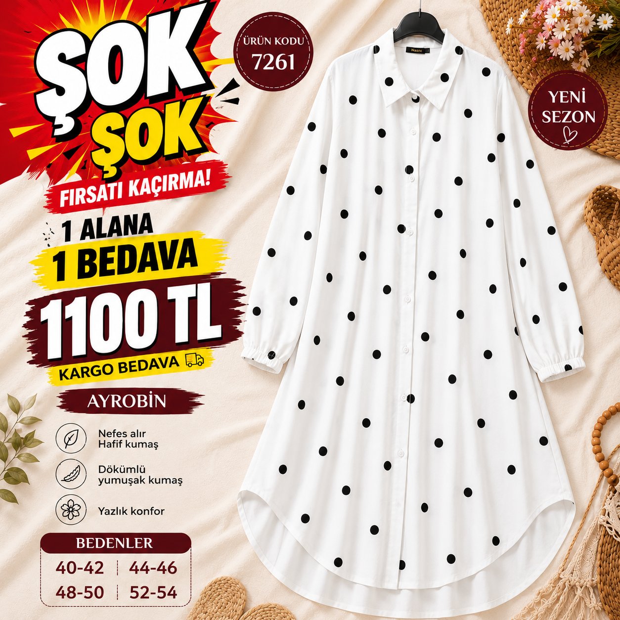 1 ALANA 1 BEDAVA 1100 TL KARGO BEDAVA AYROBİN KUMAŞ GÖMLEK TUNİK BEYAZ 