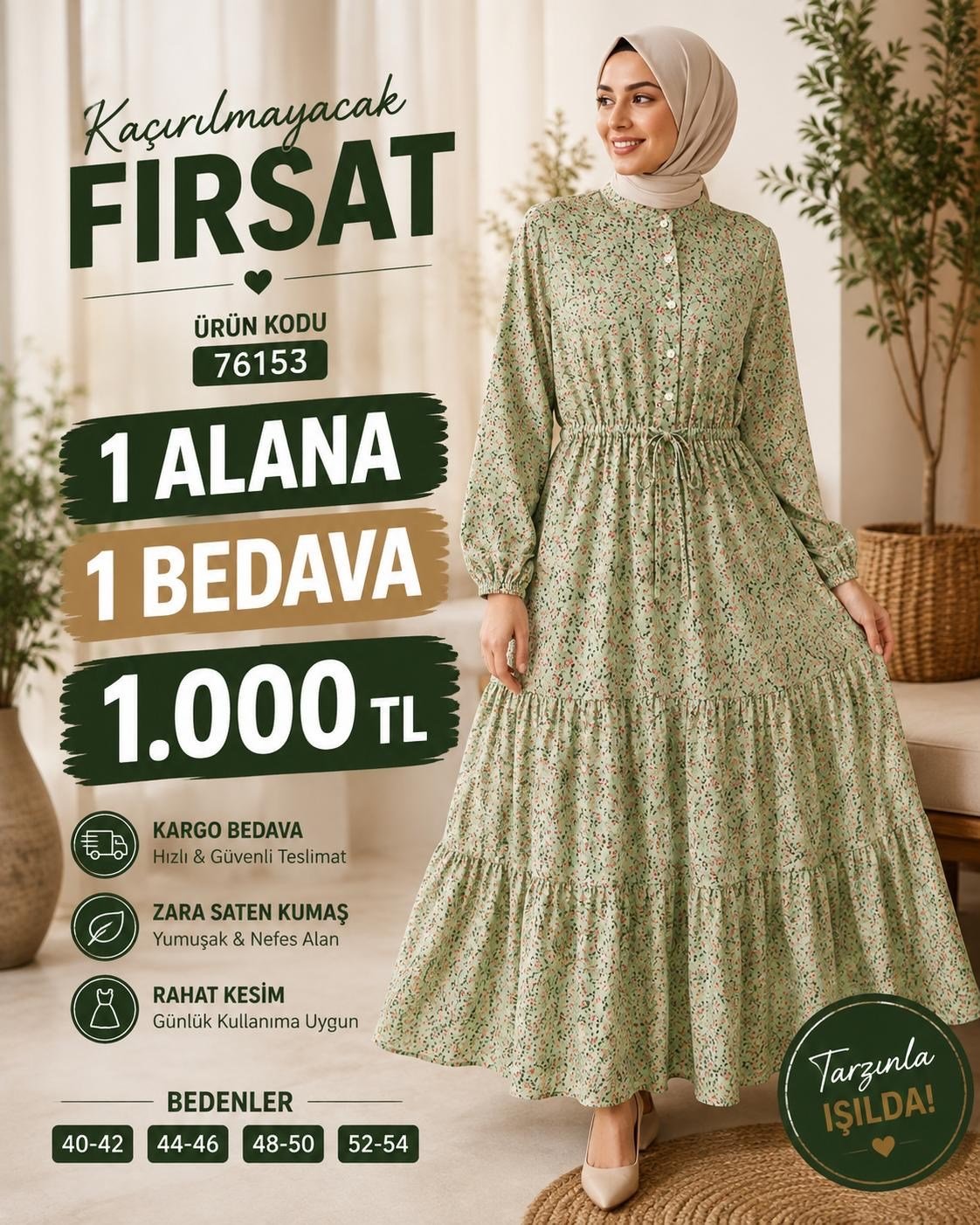 1 ALANA 1 BEDAVA 1100 TL KARGO BEDAVA ÇİÇEK DESENLİ ZARA SATEN KUMAŞ ELBİSE YEŞİL 