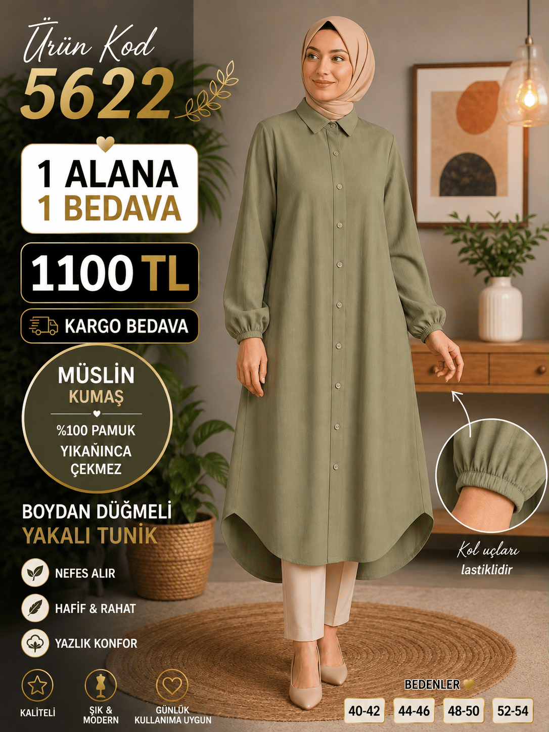 1 ALANA 1 BEDAVA 1100 TL KARGO BEDAVA MÜSLİM KUMAŞ BOYDAN DÜĞMELİ TUNİK HAKİ 