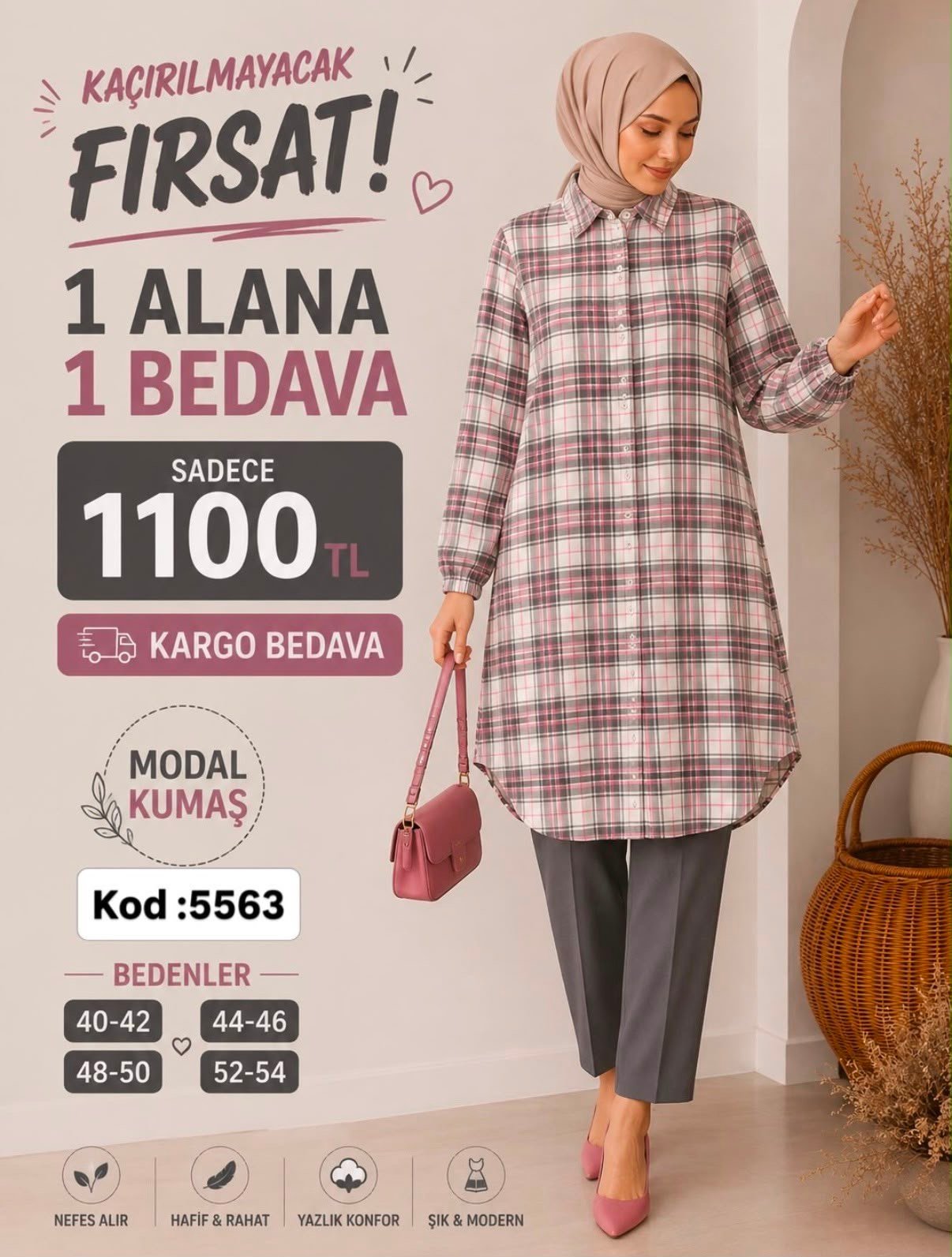 1 ALANA 1 BEDAVA 1100 TL KARGO BEDAVA ZARA KETEN  KUMAŞ BOYDAN DÜĞMELİ TUNİK PEMBE 