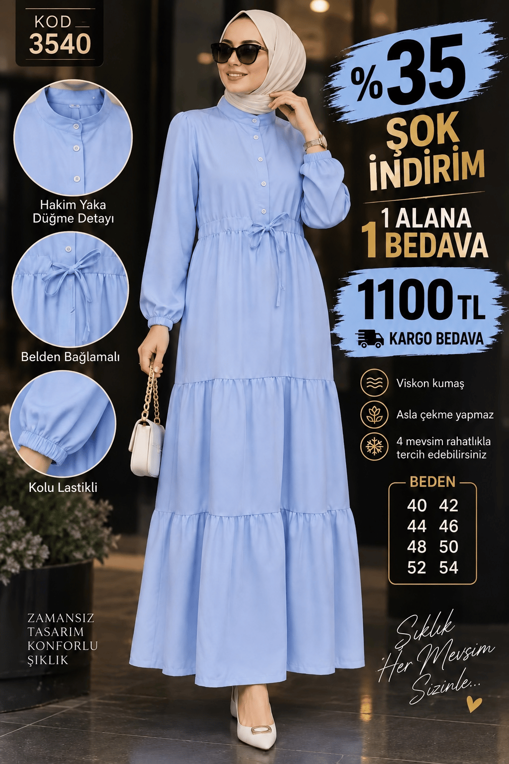 1 ALANA 1 BEDAVA 1100 TL KARGO BEDAVA VİSKON KUMAŞ ELBİSE  BEBE MAVİSİ 