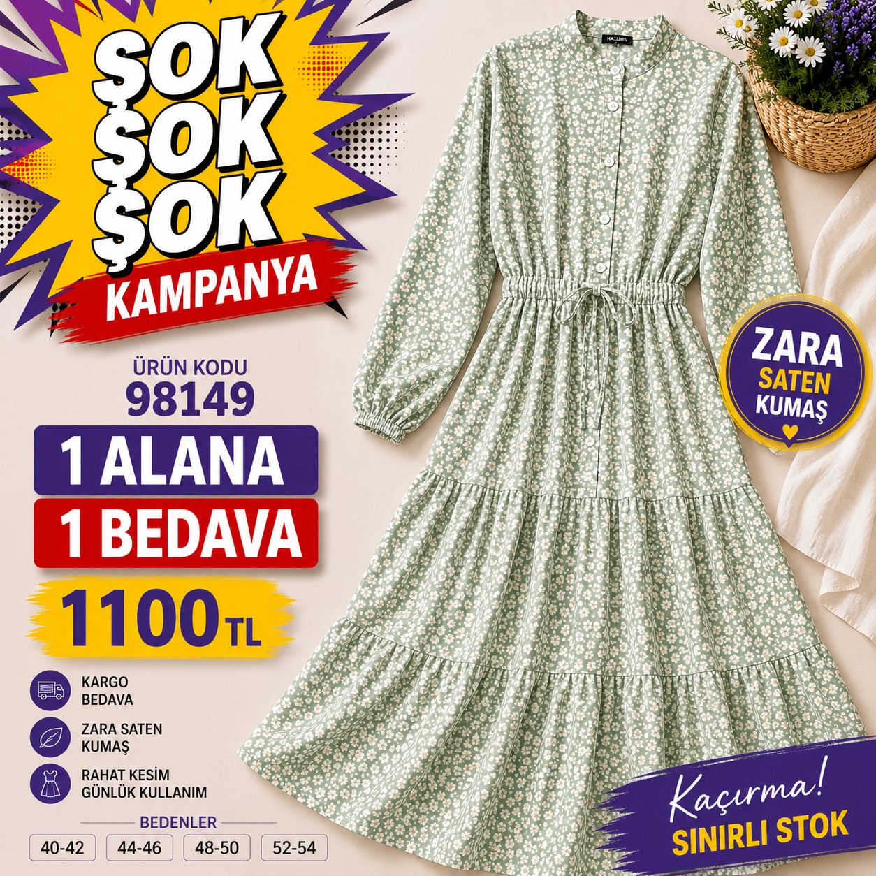 1 ALANA 1 BEDAVA 1100 TL KARGO BEDAVA ÇİÇEK DESENLİ ZARA SATEN KUMAŞ ELBİSE YEŞİL 