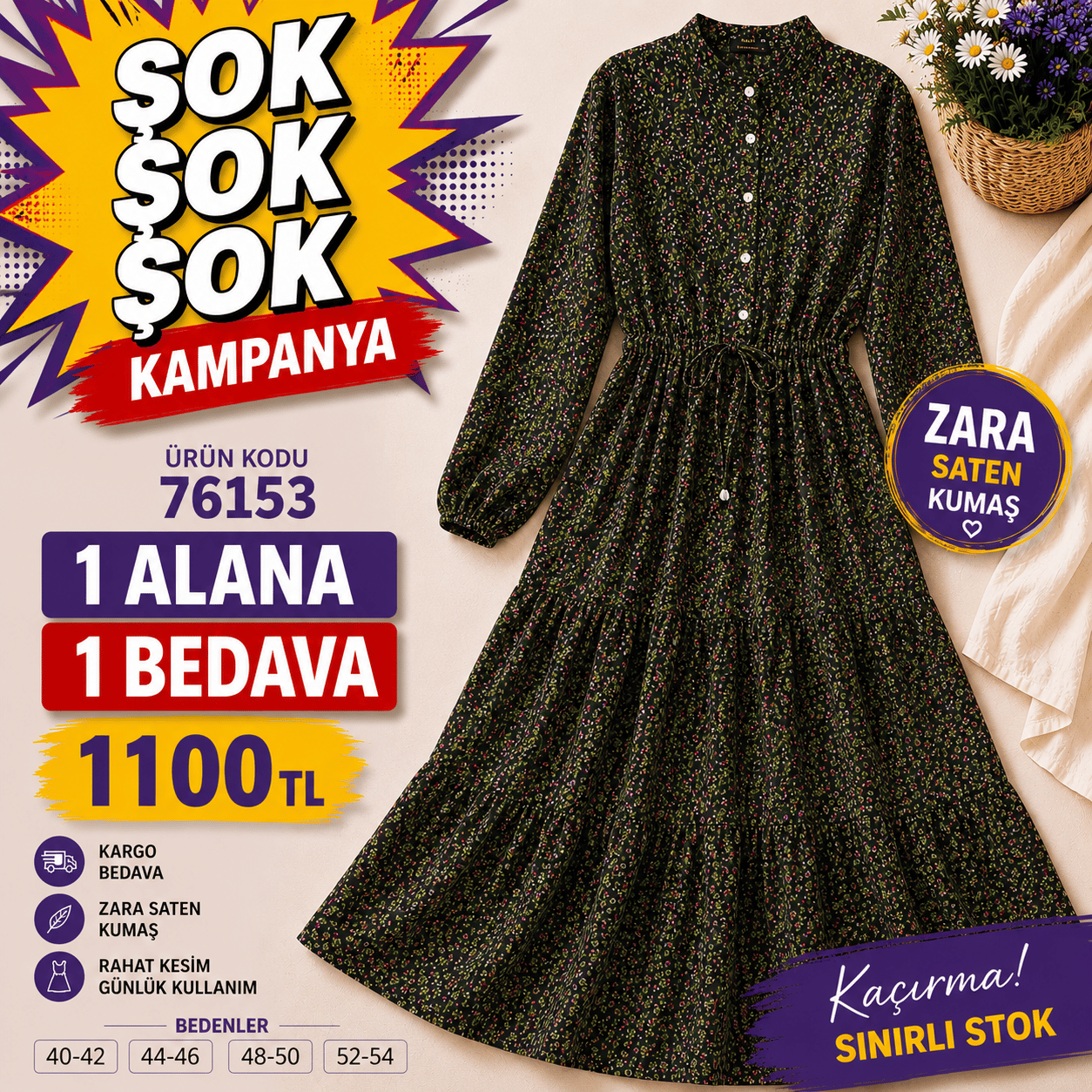 1 ALANA 1 BEDAVA 1100 TL KARGO BEDAVA ÇİÇEK DESENLİ ZARA SATEN KUMAŞ ELBİSE SİYAH 