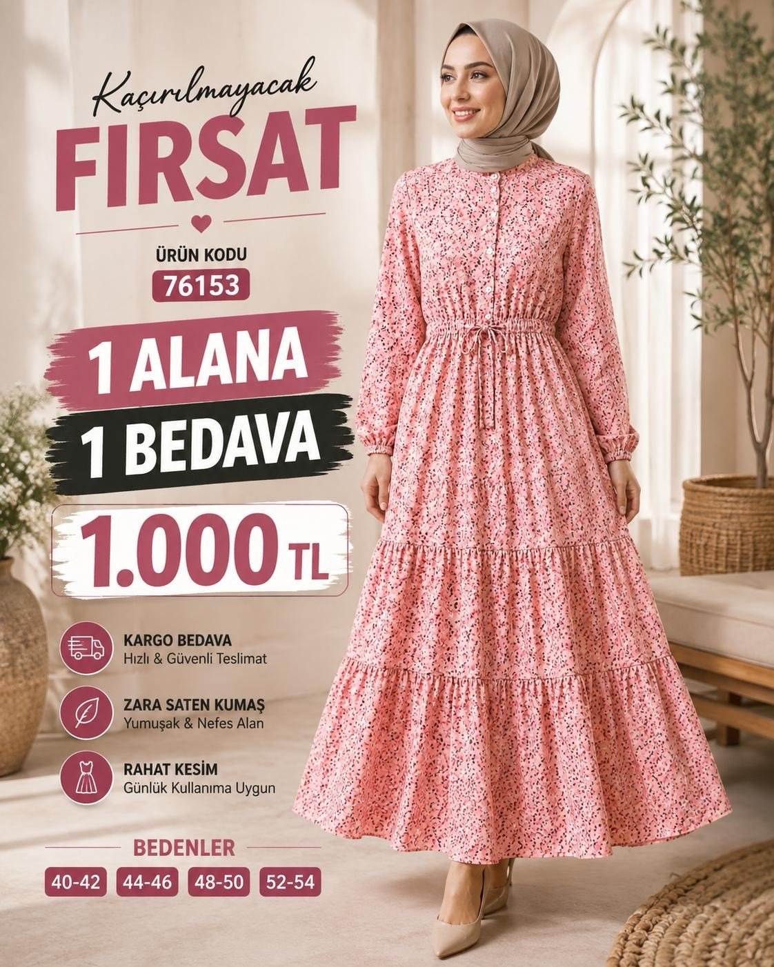 1 ALANA 1 BEDAVA 1100 TL KARGO BEDAVA ÇİÇEK DESENLİ ZARA SATEN KUMAŞ ELBİSE PEMBE 