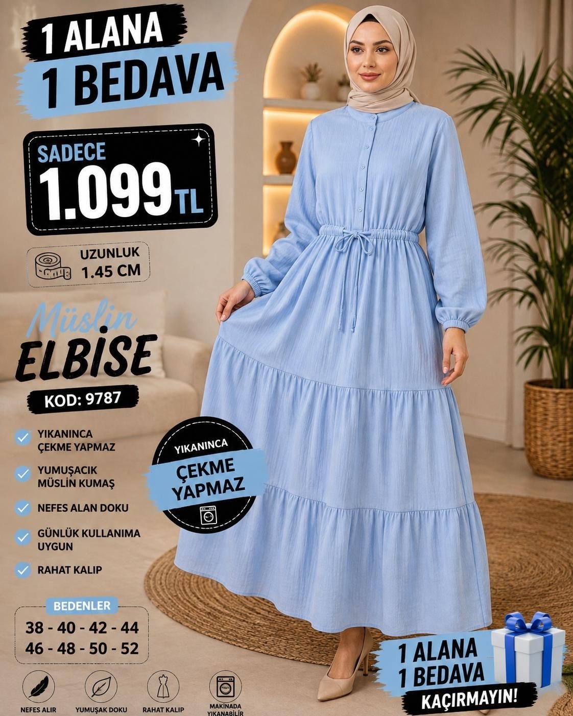 1 ALANA 1 BEDAVA 1100 TL KARGO BEDAVA MÜSLİM KUMAŞ ELBİSE BEBE MAVİ 