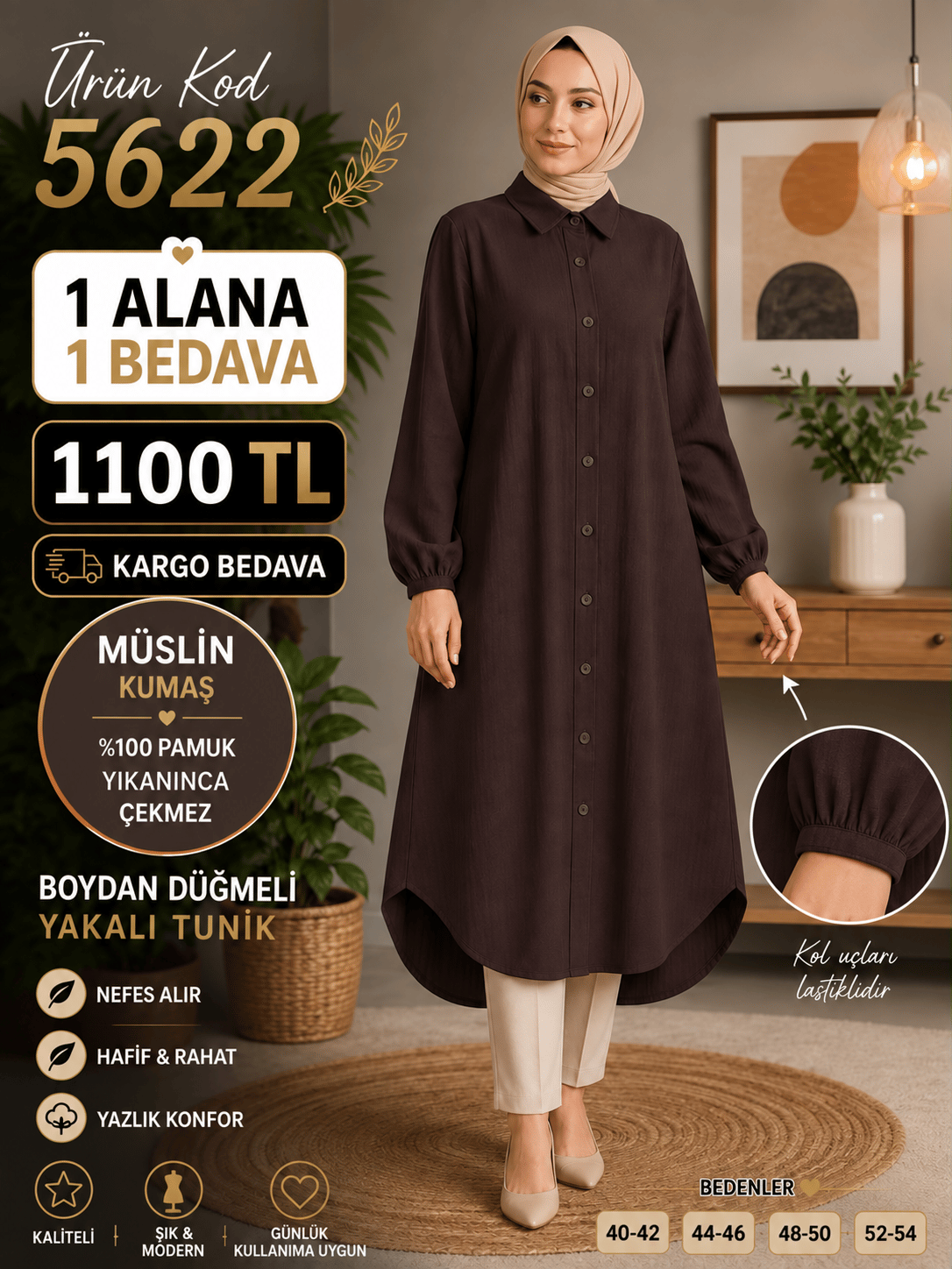 1 ALANA 1 BEDAVA 1100 TL KARGO BEDAVA MÜSLİM KUMAŞ BOYDAN DÜĞMELİ TUNİK ACI KAHVE 