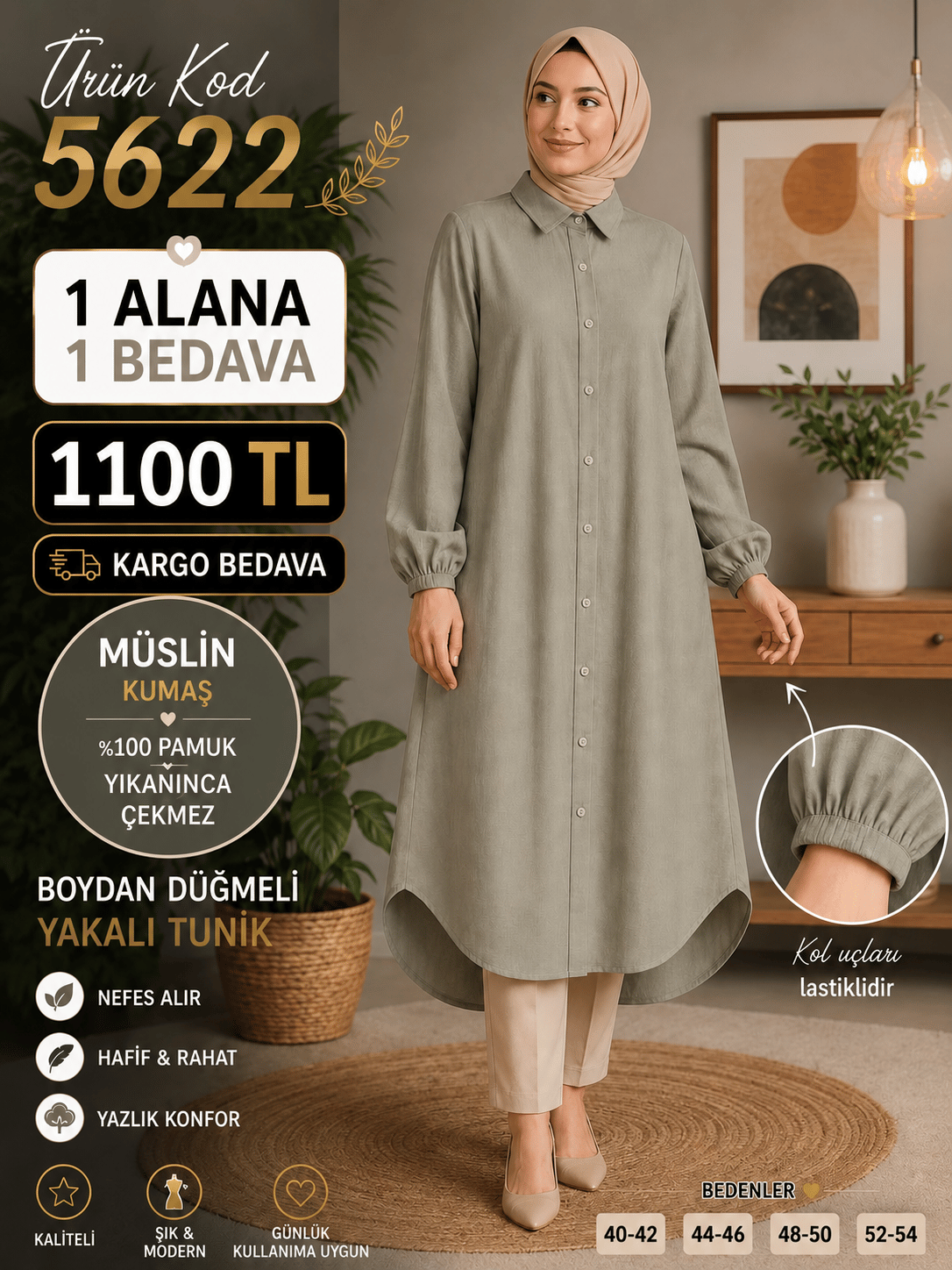 1 ALANA 1 BEDAVA 1100 TL KARGO BEDAVA MÜSLİM KUMAŞ BOYDAN DÜĞMELİ TUNİK TAŞ 