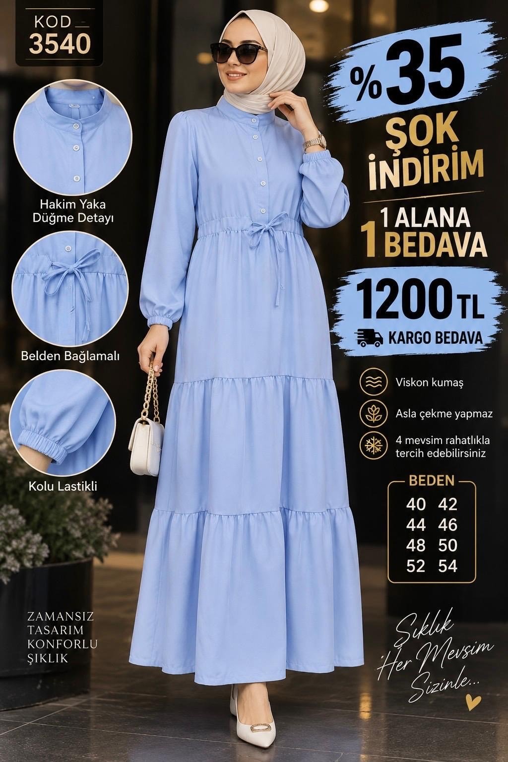 1 ALANA 1 BEDAVA 1200 TL KARGO BEDAVA VİSKON KUMAŞ ELBİSE  BEBE MAVİSİ 
