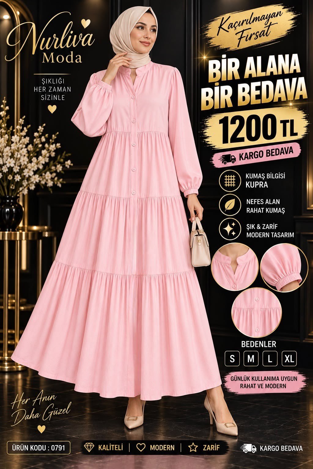 1 ALANA 1 BEDAVA 1200 TL KARGO BEDAVA MODAL KUMAŞ ALAÇATI ELBİSE PEMBE 
