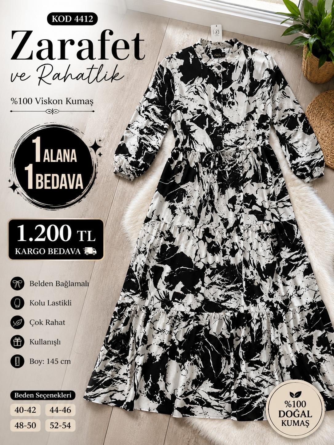 1 ALANA 1 BEDAVA 1200 TL KARGO BEDAVA BELDEN BAĞLAMALI YARIYA KADAR DÜĞMELİ ELBİSE SİYAH-BEYAZ