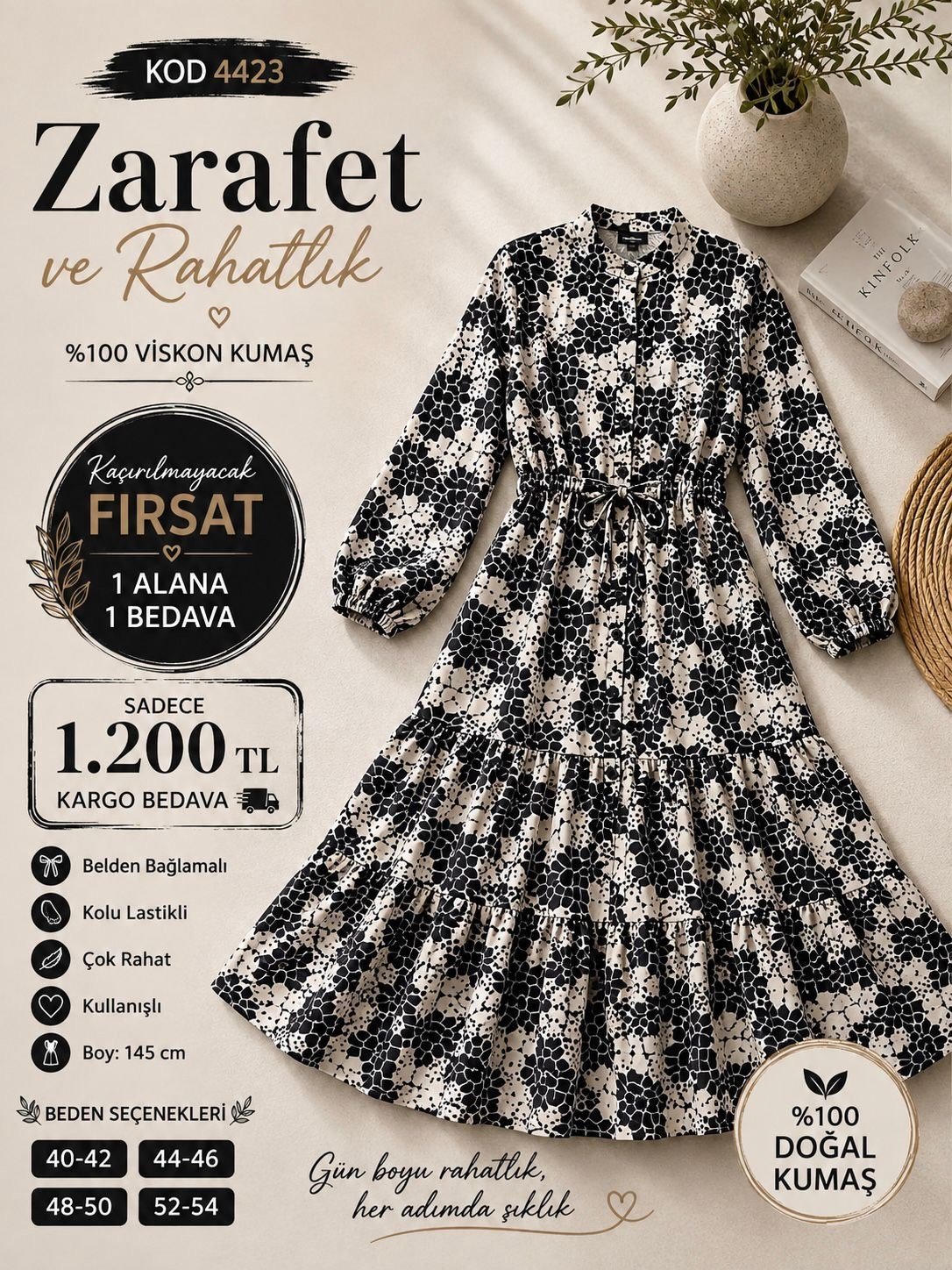 1 ALANA 1 BEDAVA 1200 TL KARGO BEDAVA KARE ETNİK DESEN ELBİSE SİYAH- BEYAZ