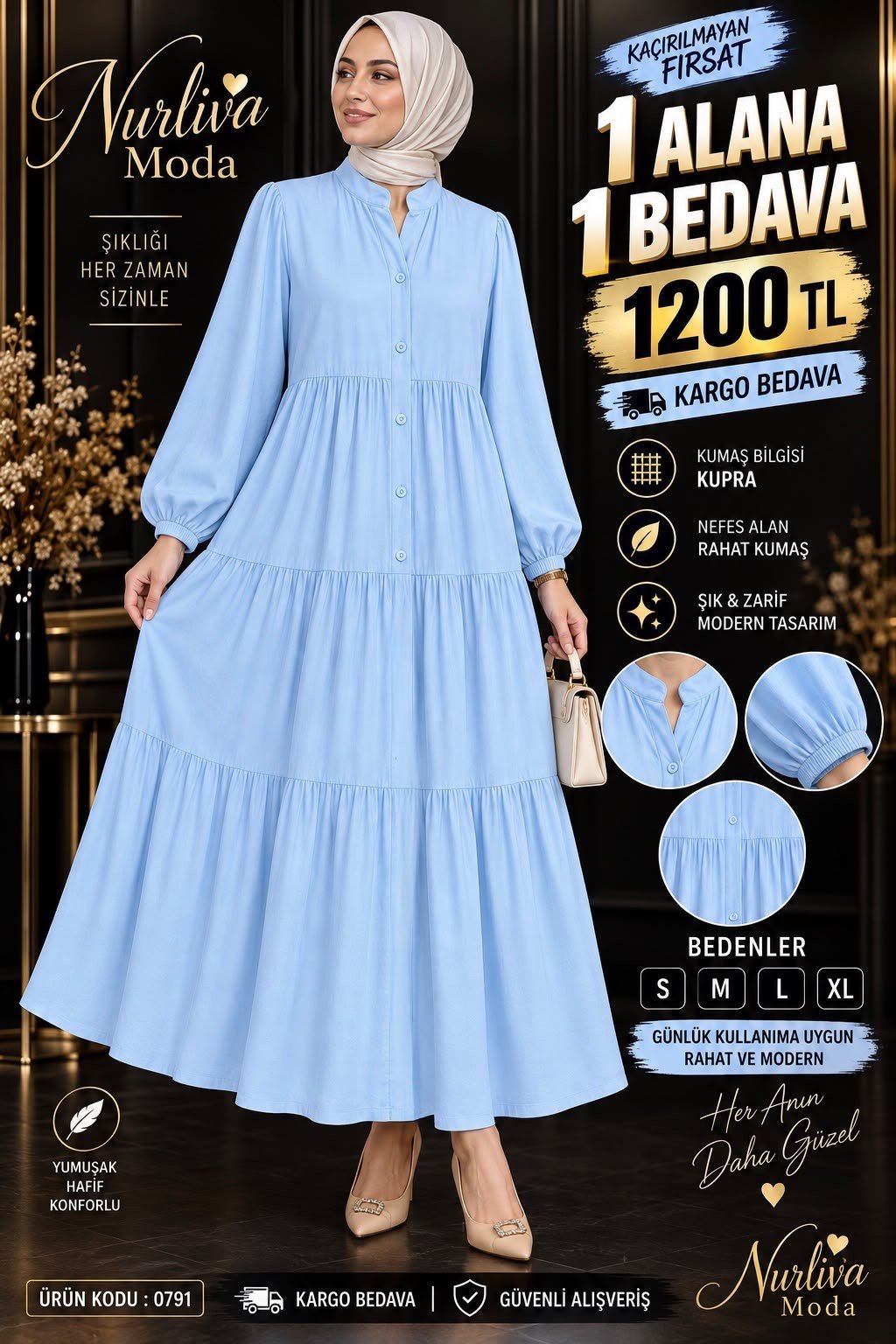 1 ALANA 1 BEDAVA 1200 TL KARGO BEDAVA MODAL KUMAŞ ALAÇATI ELBİSE  BEBE MAVİ 