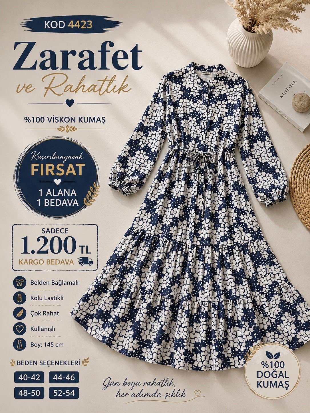 1 ALANA 1 BEDAVA 1200 TL KARGO BEDAVA KARE ETNİK DESEN ELBİSE LACİVERT- BEYAZ