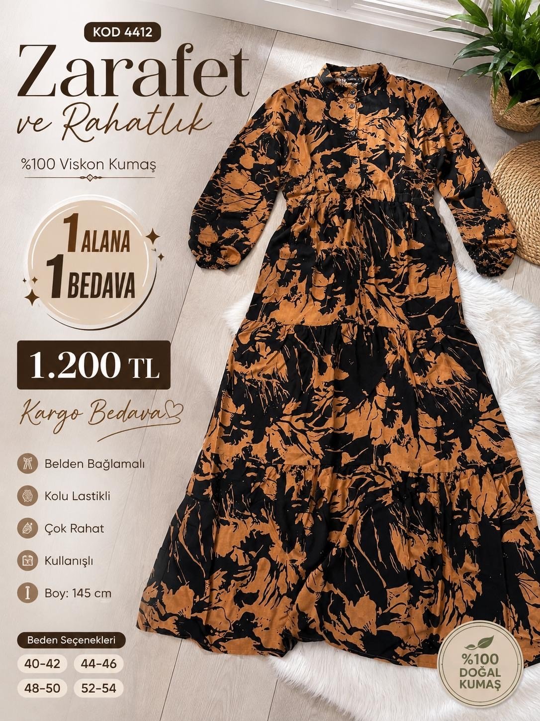 1 ALANA 1 BEDAVA 1200 TL KARGO BEDAVA BELDEN BAĞLAMALI YARIYA KADAR DÜĞMELİ ELBİSE SİYAH-KAHVERENGİ