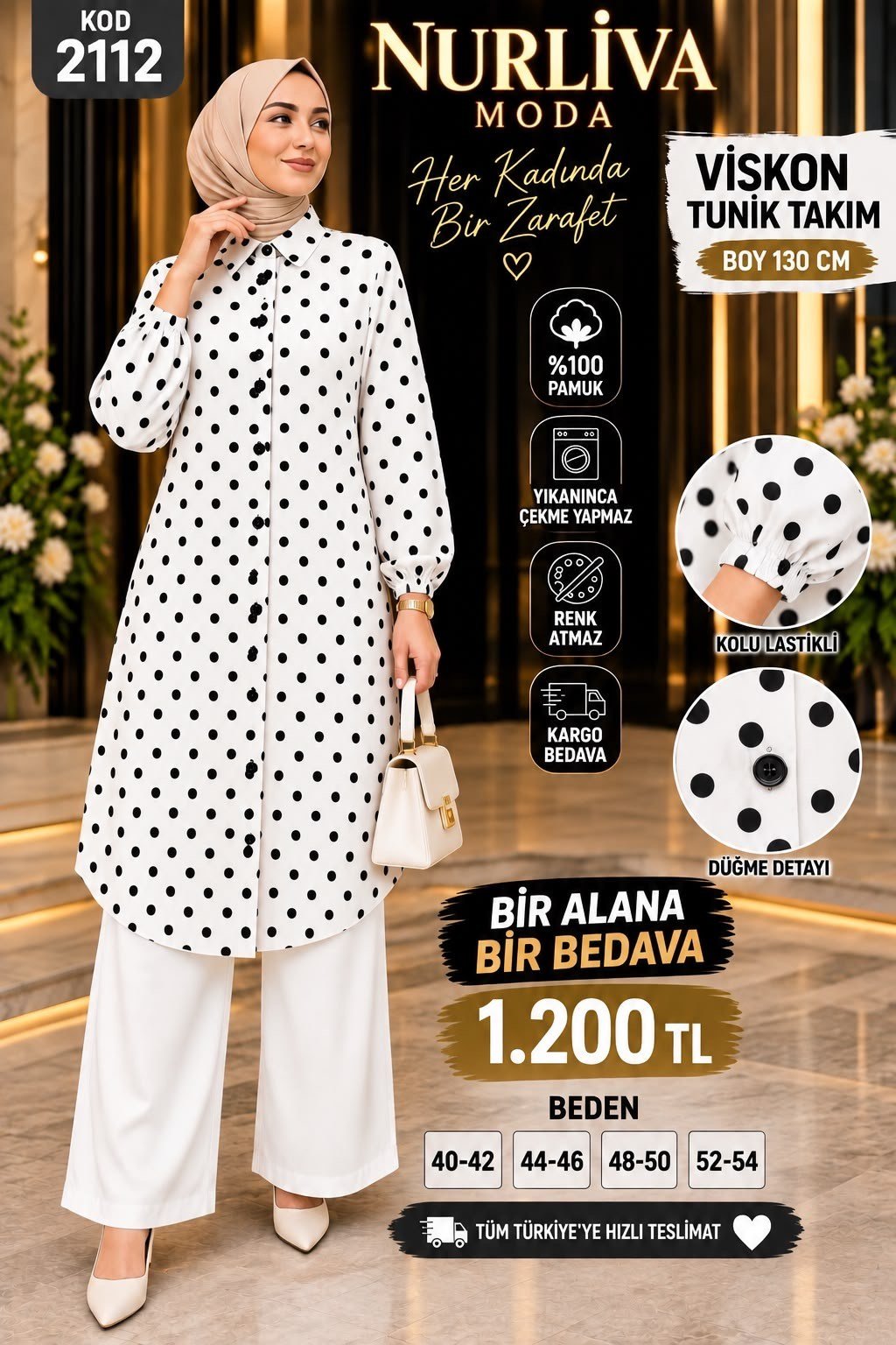 1 ALANA  1 BEDAVA 1200 TL KARGO BEDAVA VİSKON KUMAŞ PUANTİYE DESENLİ TAKIM BEYAZ 