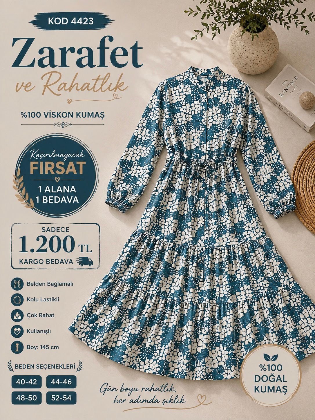 1 ALANA 1 BEDAVA 1200 TL KARGO BEDAVA KARE ETNİK DESEN ELBİSE TURKUAZ- BEYAZ