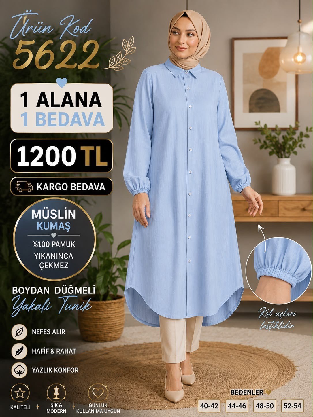 1 ALANA 1 BEDAVA 1200 TL KARGO BEDAVA MÜSLİM KUMAŞ BOYDAN DÜĞMELİ TUNİK BEBE MAVİ 