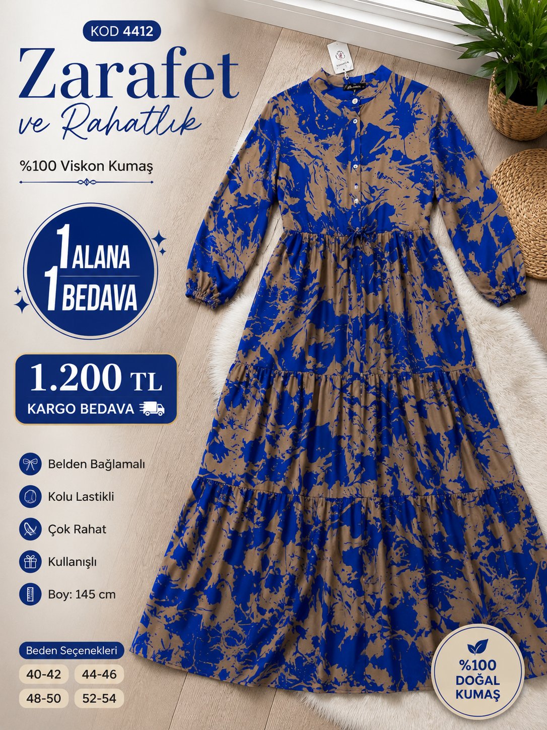 1 ALANA 1 BEDAVA 1200 TL KARGO BEDAVA BELDEN BAĞLAMALI YARIYA KADAR DÜĞMELİ ELBİSE SÜTLÜ KAHVE - MAVİ 
