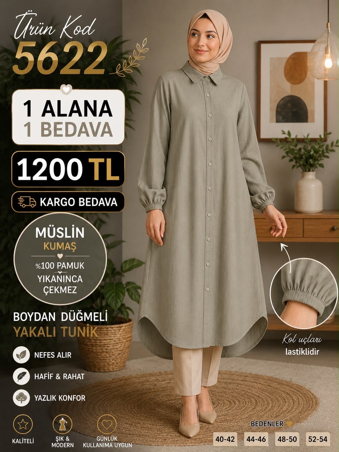 1 ALANA 1 BEDAVA 1200 TL KARGO BEDAVA MÜSLİM KUMAŞ BOYDAN DÜĞMELİ TUNİK TAŞ 