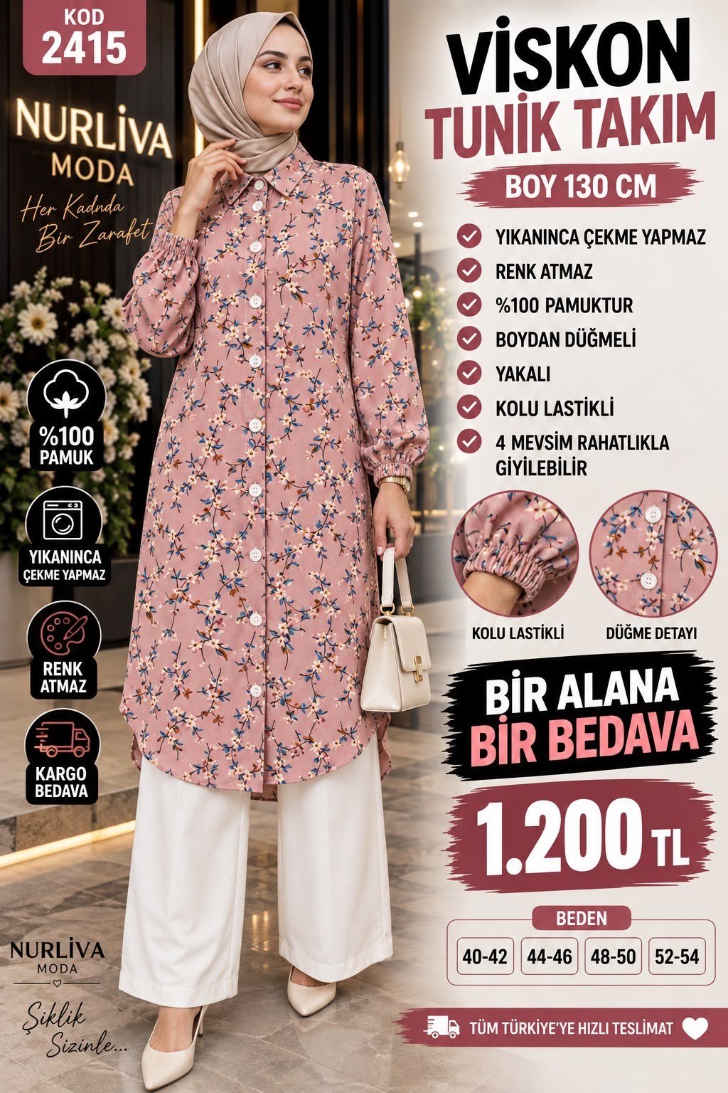 1 ALANA  1 BEDAVA 1200 TL KARGO BEDAVA VİSKON KUMAŞ ÇİÇEK DESENLİ TAKIM PEMBE 