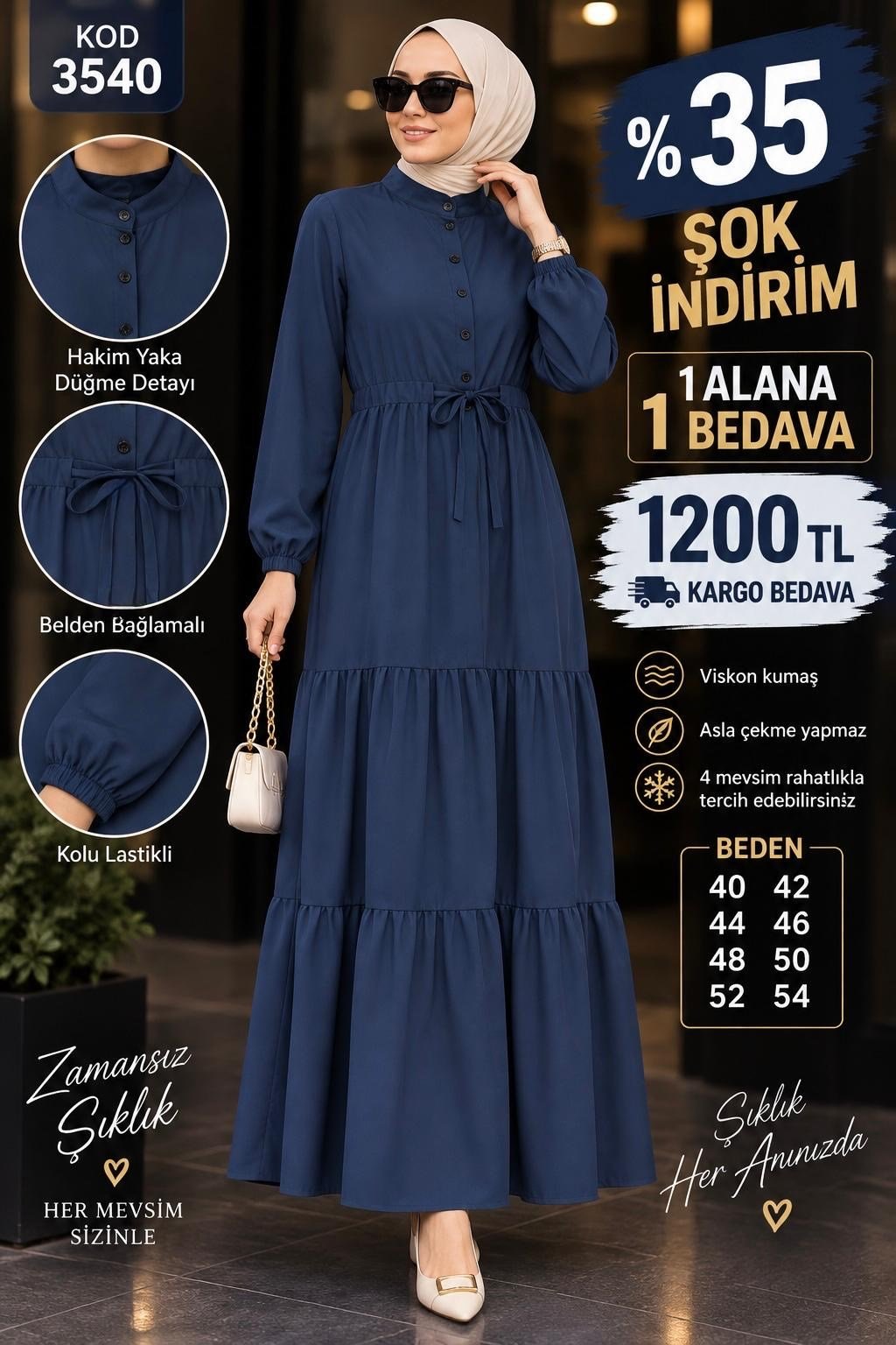 1 ALANA 1 BEDAVA 1200 TL KARGO BEDAVA VİSKON KUMAŞ ELBİSE LACİVERT 