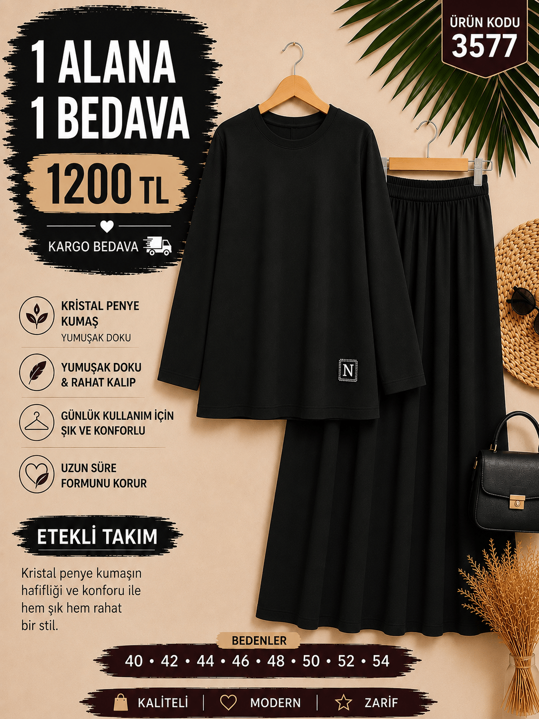 1 ALANA 1 BEDAVA 1200 TL KARGO BEDAVA KRİSTAL PENYE KUMAŞ ETEKLİ TAKIM SİYAH 