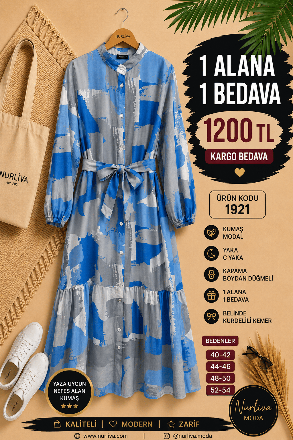 1 ALANA 1 BEDAVA 1200 TL KARGO BEDAVA MODAL KUMAŞ BOYDAN DÜĞMELİ SEYYAR KEMERLİ ELBİSE ÇOK RENKLİ 3
