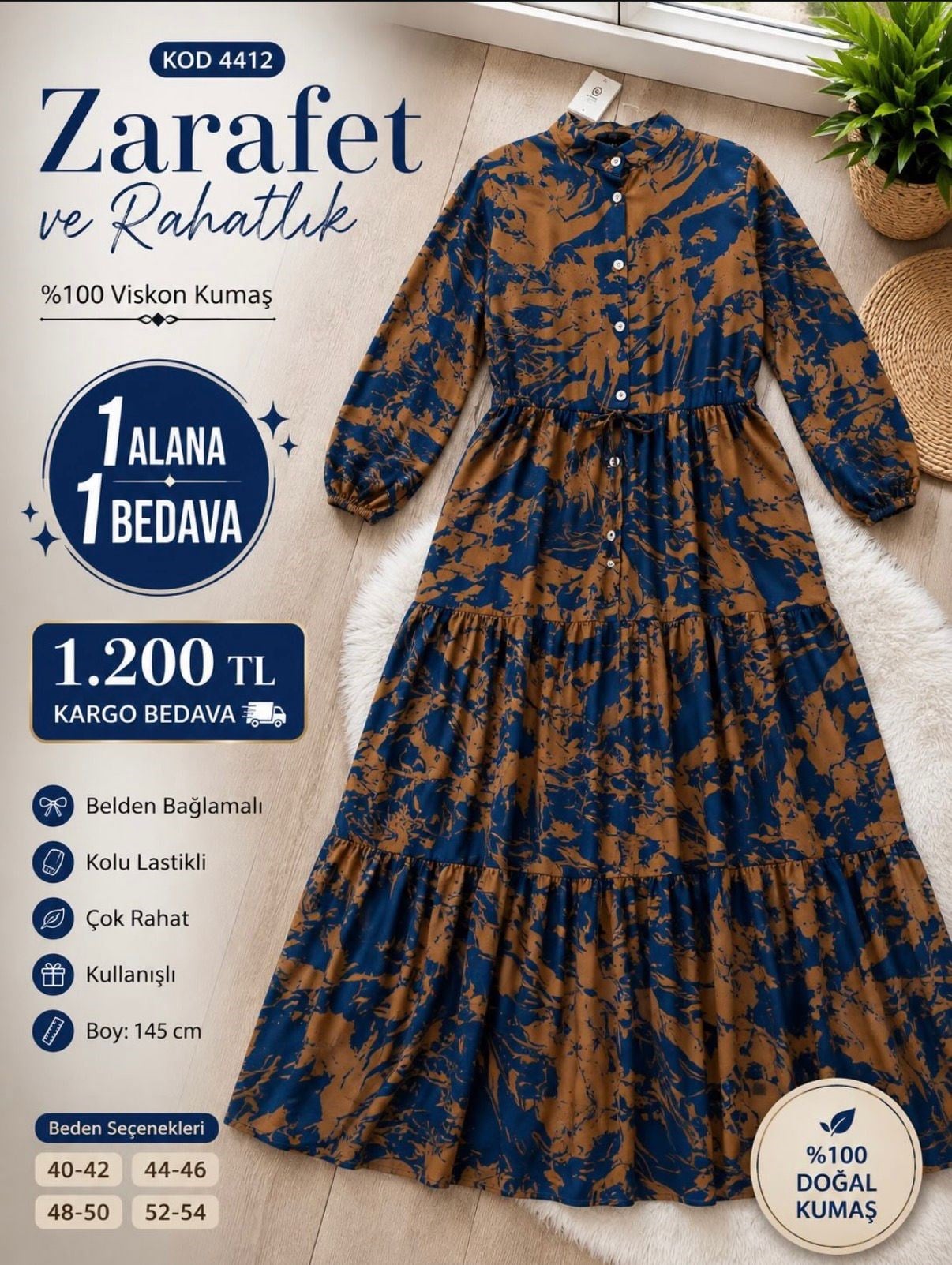 1 ALANA 1 BEDAVA 1200 TL KARGO BEDAVA BELDEN BAĞLAMALI YARIYA KADAR DÜĞMELİ ELBİSE MAVİ-KAHVERENGİ
