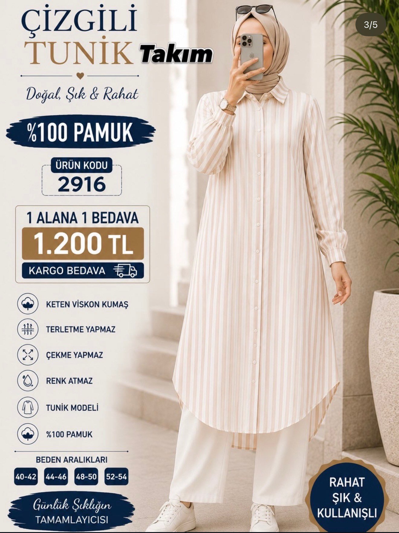 1 ALANA 1 BEDAVA 1200 TL KARGO BEDAVA TUNİK TAKIM BEJ 