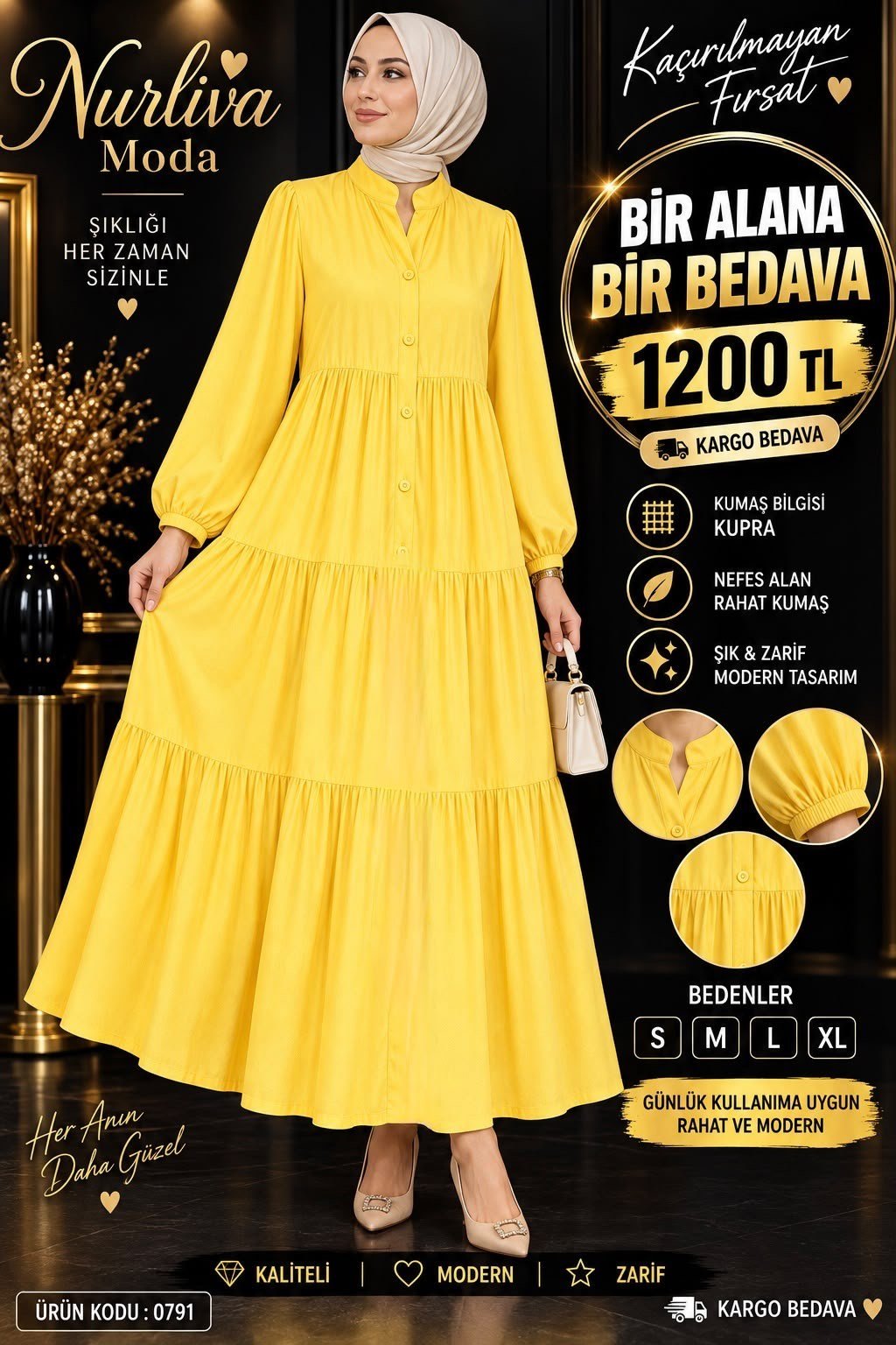 1 ALANA 1 BEDAVA 1200 TL KARGO BEDAVA MODAL KUMAŞ ALAÇATI ELBİSE SARI 