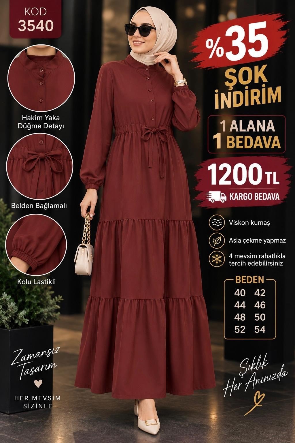 1 ALANA 1 BEDAVA 1200 TL KARGO BEDAVA VİSKON KUMAŞ ELBİSE  BORDO 