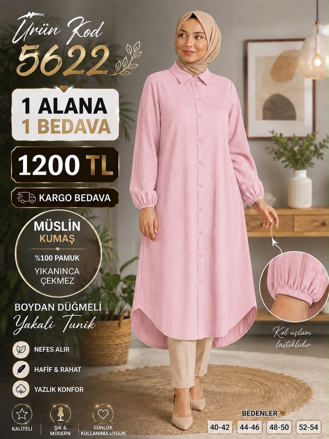 1 ALANA 1 BEDAVA 1200 TL KARGO BEDAVA MÜSLİM KUMAŞ BOYDAN DÜĞMELİ TUNİK PEMBE 
