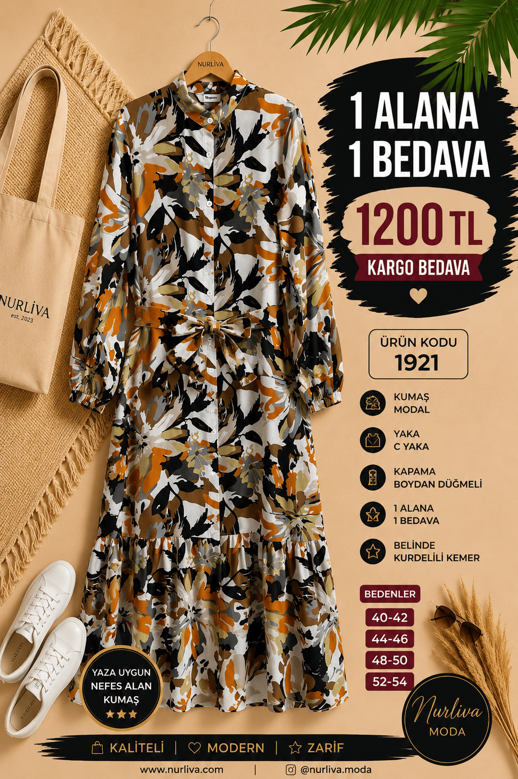 1 ALANA 1 BEDAVA 1200 TL KARGO BEDAVA MODAL KUMAŞ BOYDAN DÜĞMELİ SEYYAR KEMERLİ ELBİSE ÇOK RENKLİ 1 