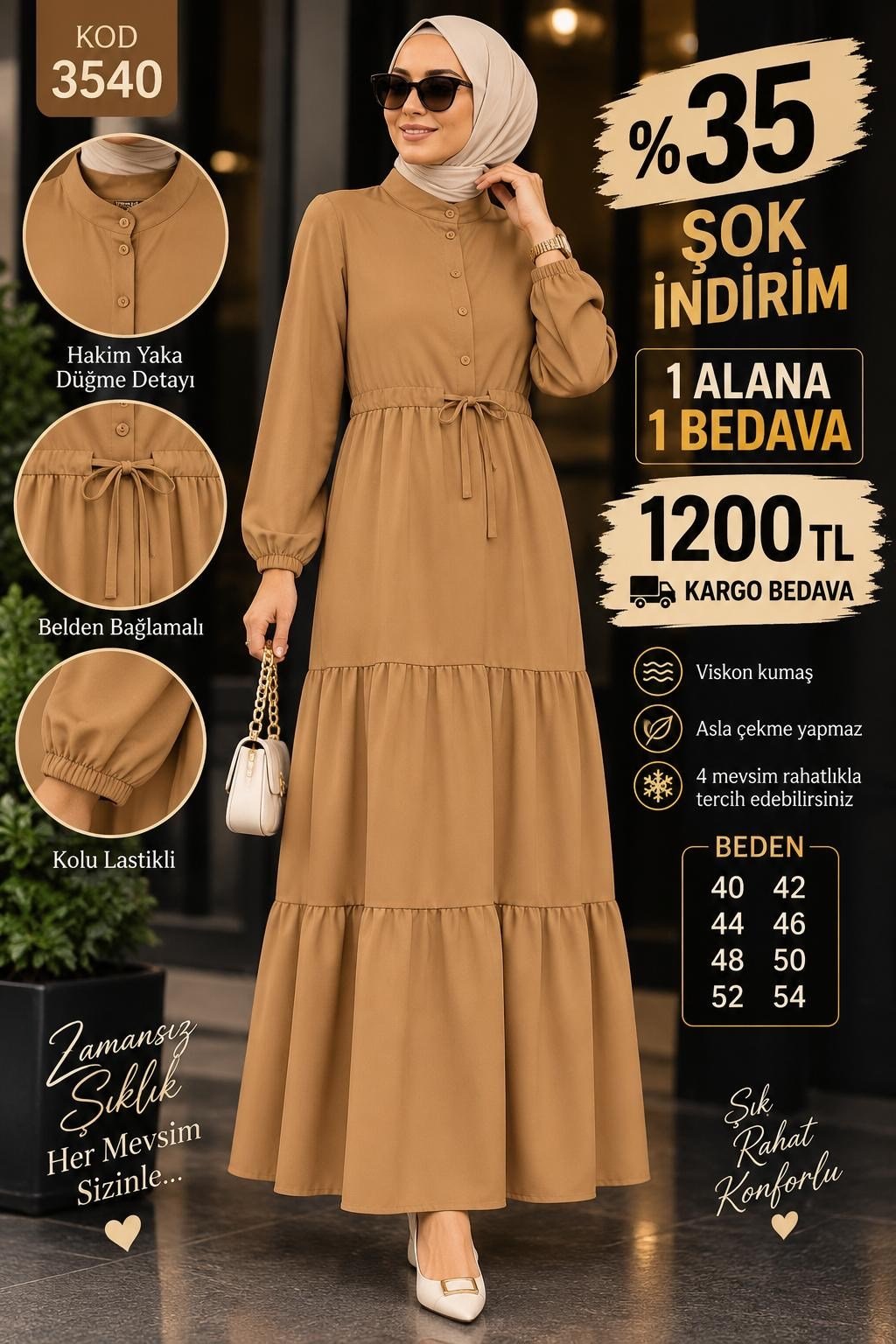 1 ALANA 1 BEDAVA 1200 TL KARGO BEDAVA VİSKON KUMAŞ ELBİSE  HARDAL SARISI 