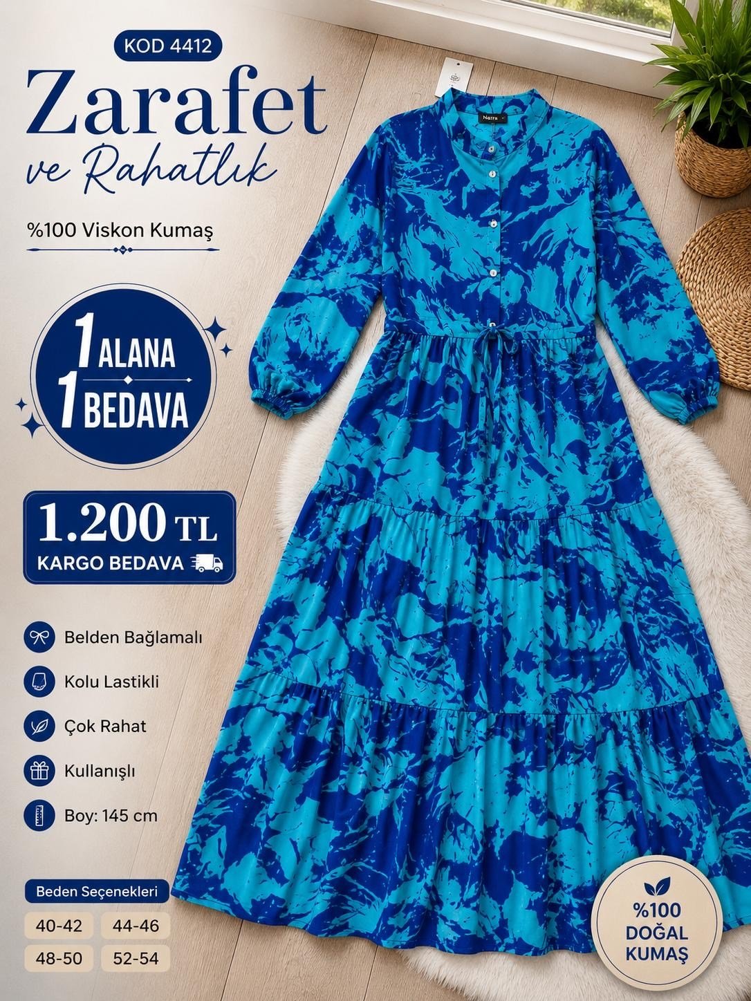 1 ALANA 1 BEDAVA 1200 TL KARGO BEDAVA BELDEN BAĞLAMALI YARIYA KADAR DÜĞMELİ ELBİSE TURKUAZ - MAVİ 