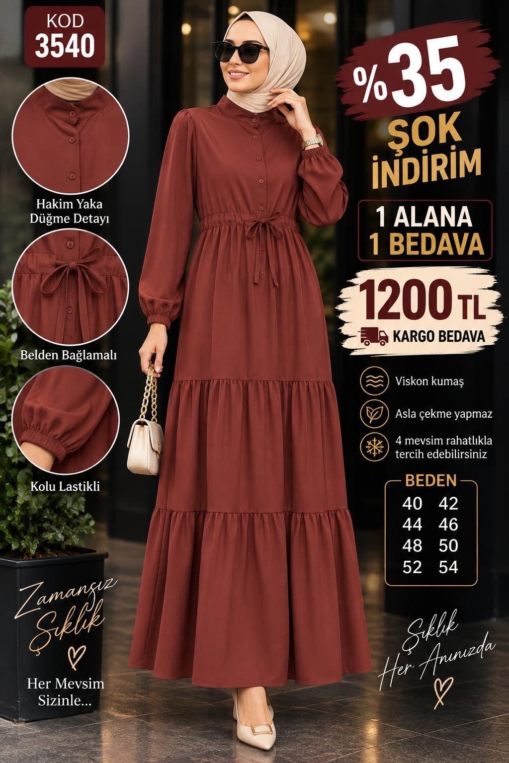 1 ALANA 1 BEDAVA 1200 TL KARGO BEDAVA VİSKON KUMAŞ ELBİSE KİREMİT 