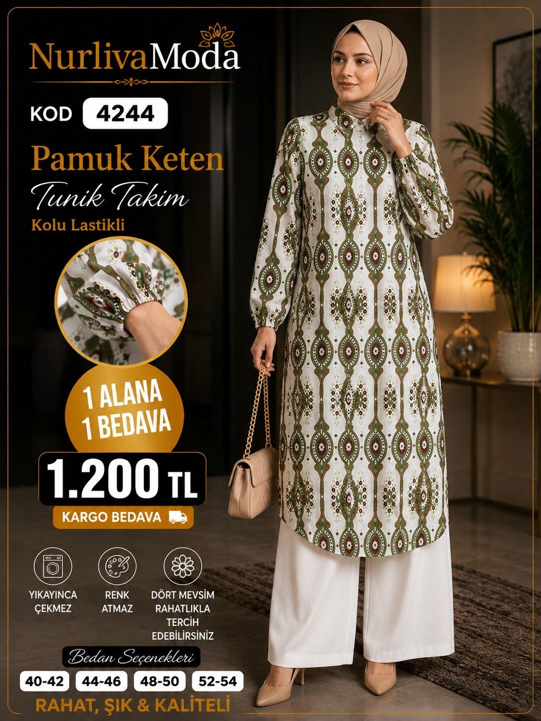 1 ALANA 1 BEDAVA 1200 TL KARGO BEDAVA ETNİK DESEN TUNİK TAKIM YEŞİL 